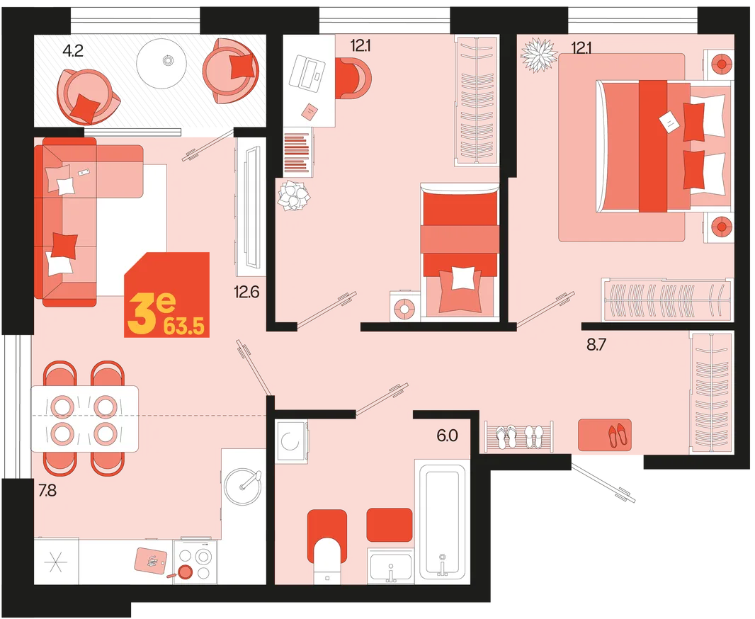 Планировка 3-комн. квартира, 63.5 м² ЖК «Первое место»