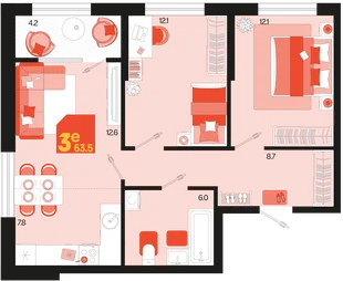 Планировка 3-комн. квартира, 63.5 м² ЖК «Первое место»