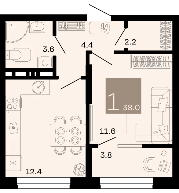 Планировка 1-комн. квартира, 38 м² ЖК «Хозяин морей»