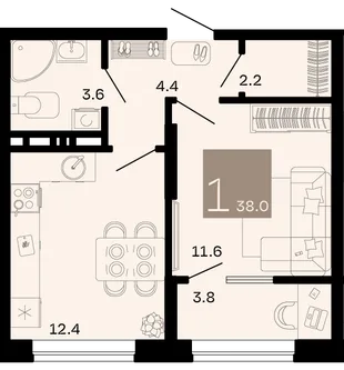 Планировка 1-комн. квартира, 38 м² ЖК «Хозяин морей»