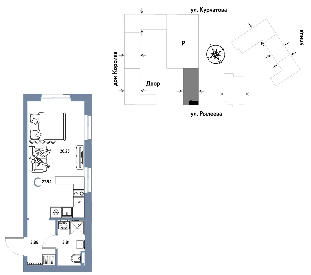 Планировка Студия, 27.94 м² ЖК «Остров-сад»