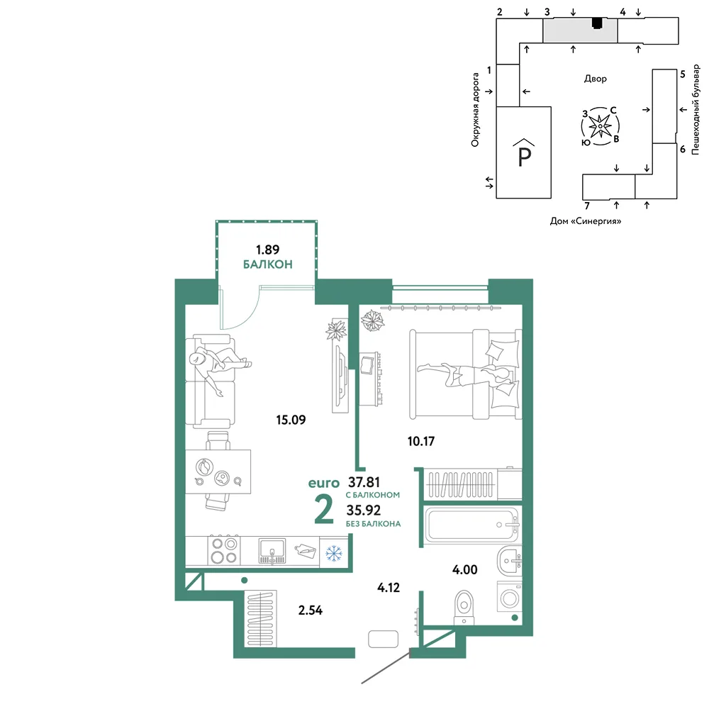 Планировка 2-комн. квартира, 37.81 м² ЖК «Юнион»