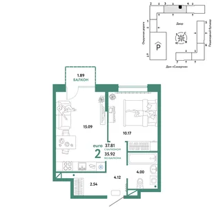 Планировка 2-комн. квартира, 37.81 м² ЖК «Юнион»