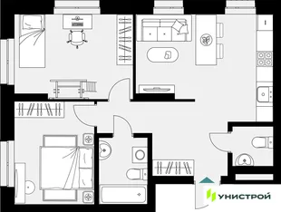 Планировка 2-комн. квартира, 60.71 м² ЖК «Уникум на Амирхана»