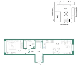 Планировка 2-комн. квартира, 47.03 м² ЖК «Юнион»
