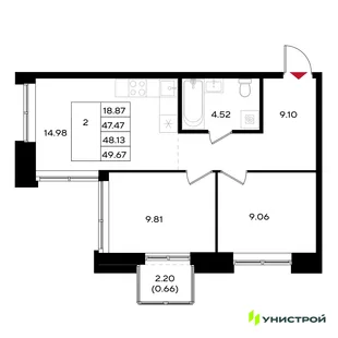 Планировка 2-комн. квартира, 48.13 м² ЖК «Уникум на Энгельса»