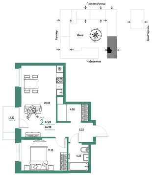 Планировка 2-комн. квартира, 47.28 м² ЖК «Европейский берег 2.0»
