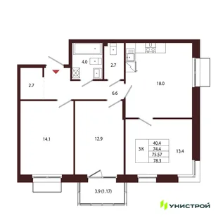 Планировка 3-комн. квартира, 75.57 м² ЖК «Лисино»