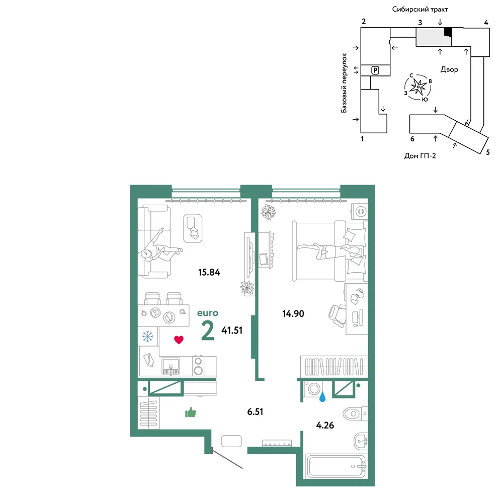 Планировка 2-комн. квартира, 41.51 м² ЖК «Сибирский сад»