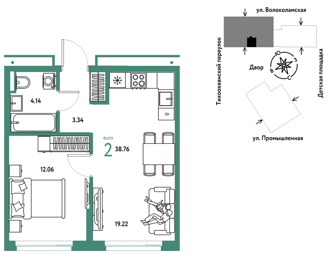Планировка 2-комн. квартира, 38.76 м² ЖК «Страна Прибрежная»