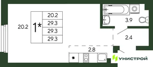 Планировка 1-комн. квартира, 29.3 м² ЖК «Парковый квартал 2.0»