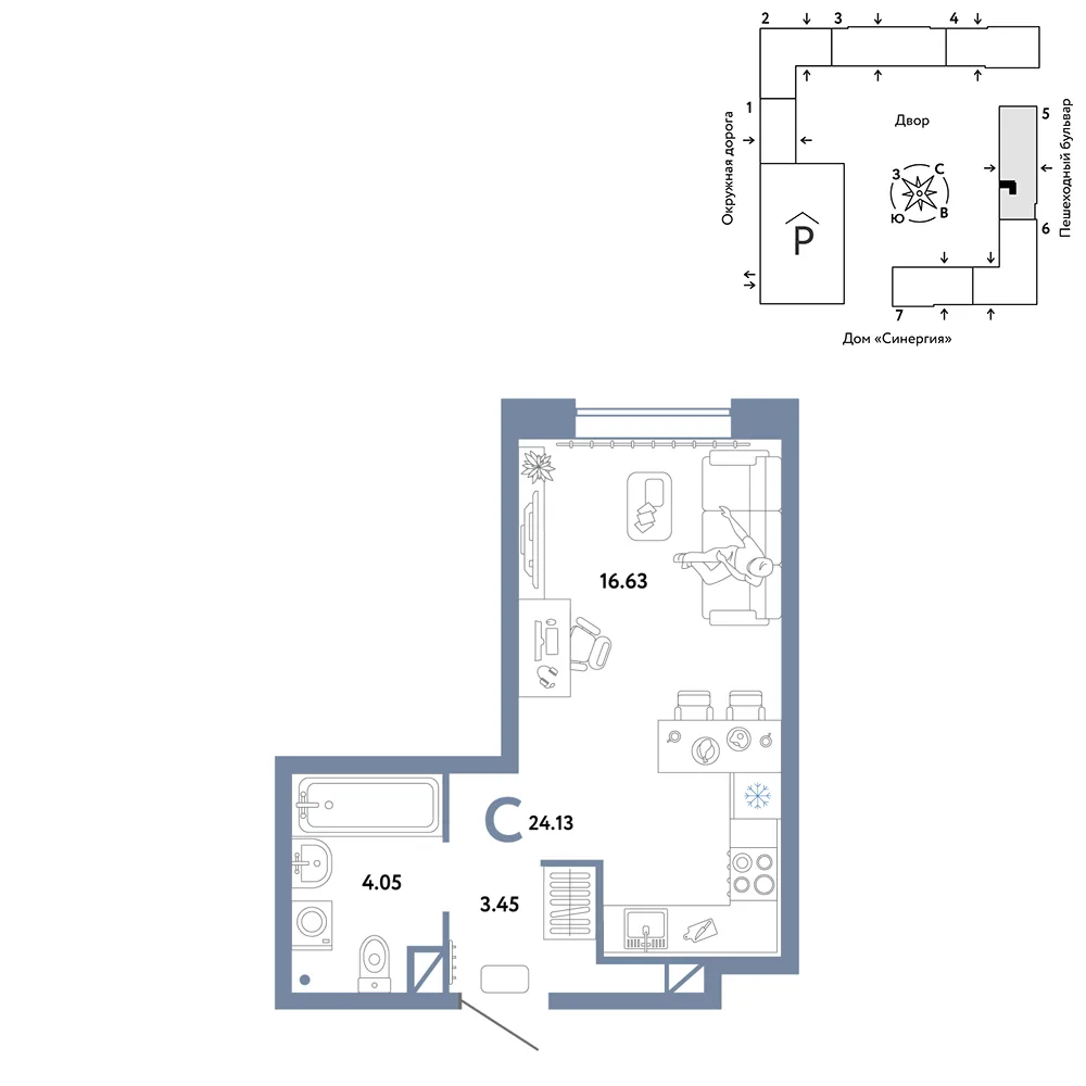 Планировка Студия, 24.13 м² ЖК «Юнион»