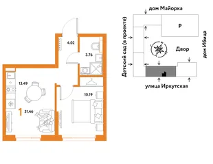 Планировка 1-комн. квартира, 31.46 м² ЖК «Остров-сад»