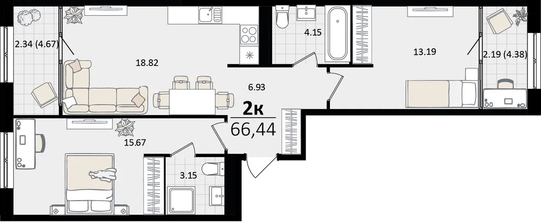 Планировка 2-комн. квартира, 66.44 м² ЖК «Патрики»