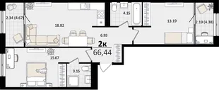 Планировка 2-комн. квартира, 66.44 м² ЖК «Патрики»