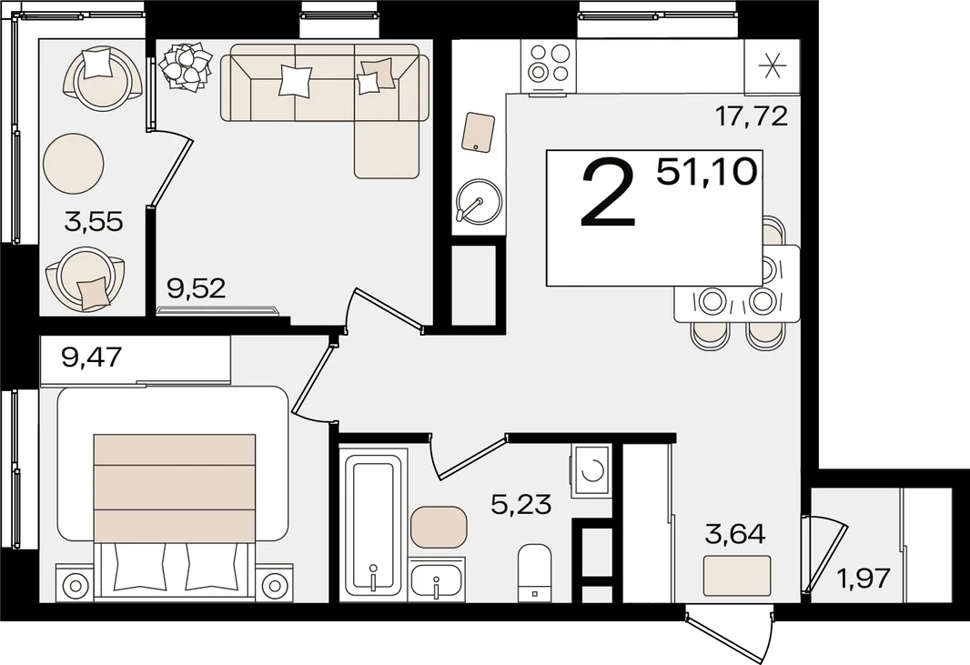 Планировка 2-комн. квартира, 51.1 м² ЖК «Патрики»