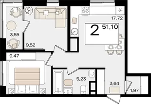 Планировка 2-комн. квартира, 51.1 м² ЖК «Патрики»