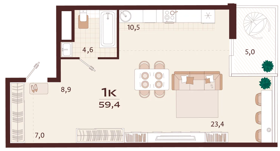 Планировка 1-комн. квартира, 59.4 м² ЖК «Роялта»
