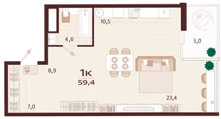 Планировка 1-комн. квартира, 59.4 м² ЖК «Роялта»