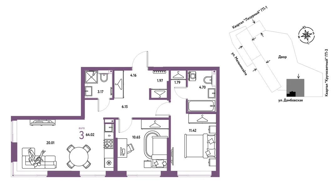 Планировка 3-комн. квартира, 64.02 м² ЖК «Страна Прибрежная»