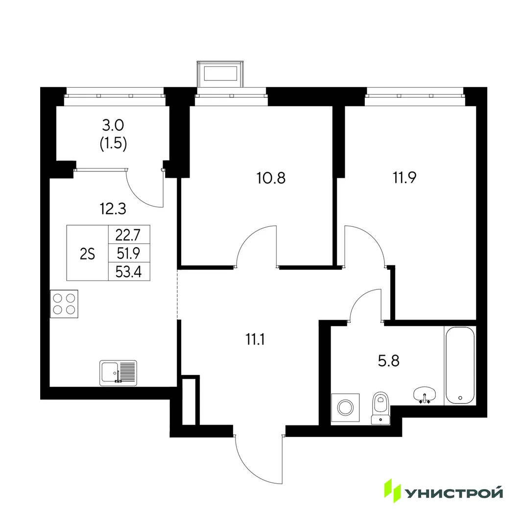 Планировка 2-комн. квартира, 53.4 м² ЖК «Стадиум»