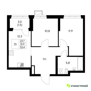 Планировка 2-комн. квартира, 53.4 м² ЖК «Стадиум»
