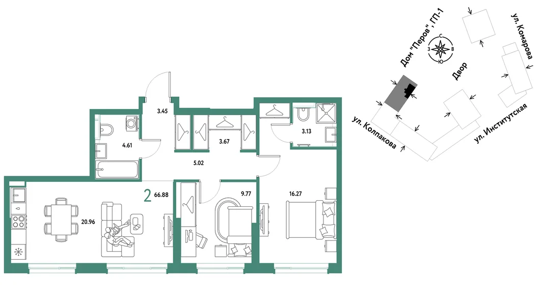 Планировка 2-комн. квартира, 66.88 м² ЖК «Страна.Парковая»