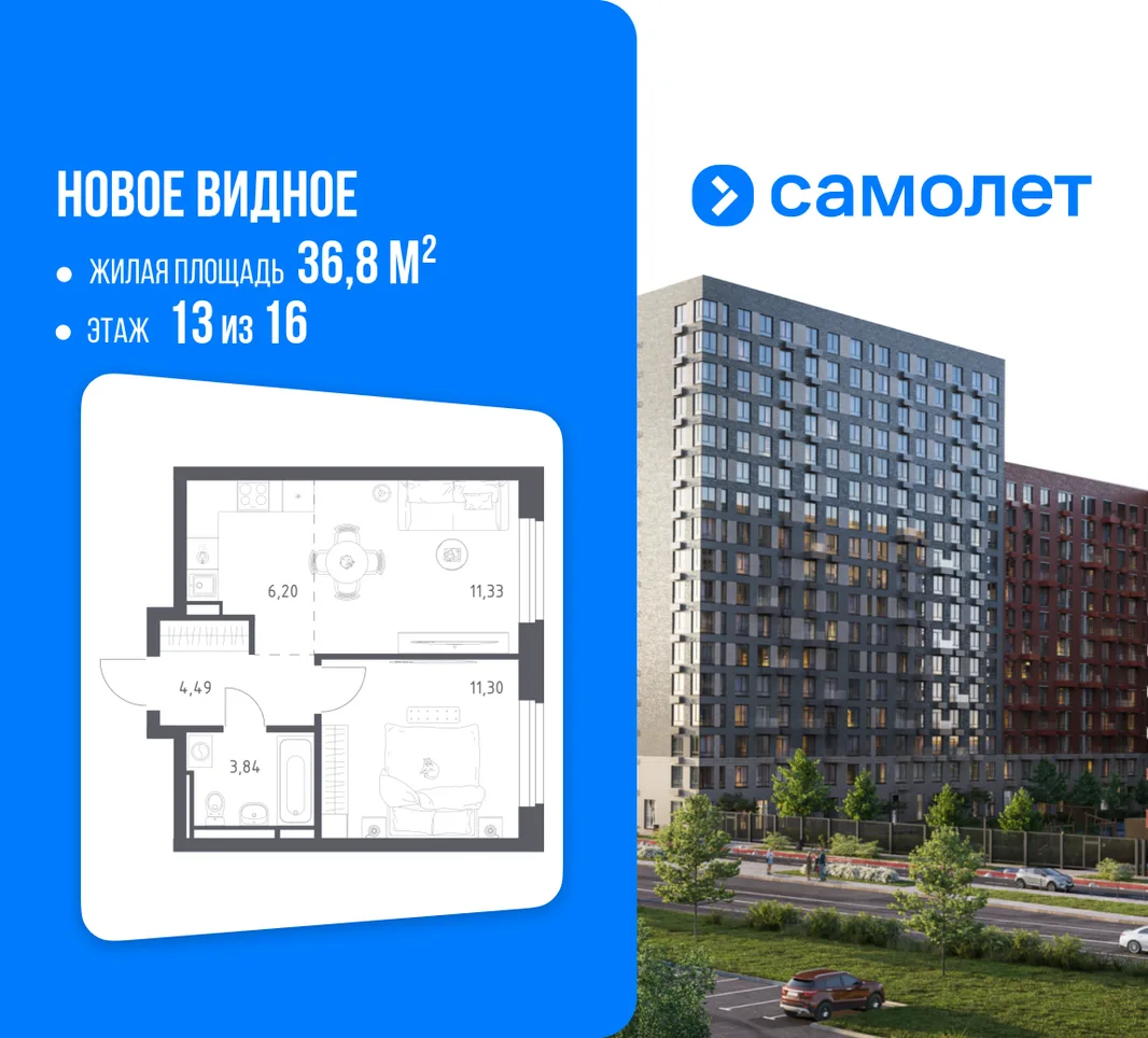 Планировка 1-комн. квартира, 36.8 м² ЖК «Новое Видное»