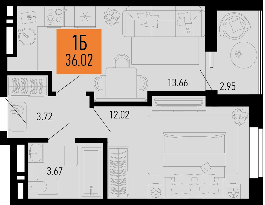 Планировка 1-комн. квартира, 36.02 м² ЖК «Столицыно»