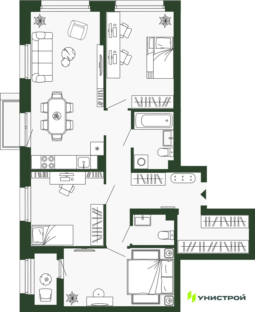 Планировка 3-комн. квартира, 83 м² ЖК «Парковый квартал 2.0»