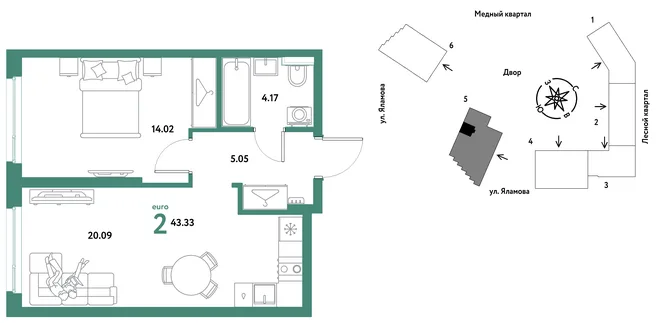 Планировка 2-комн. квартира, 43.33 м² ЖК «Сибирский сад» Планировка 2-комн. квартира, 43.33 м² ЖК «Сибирский сад»