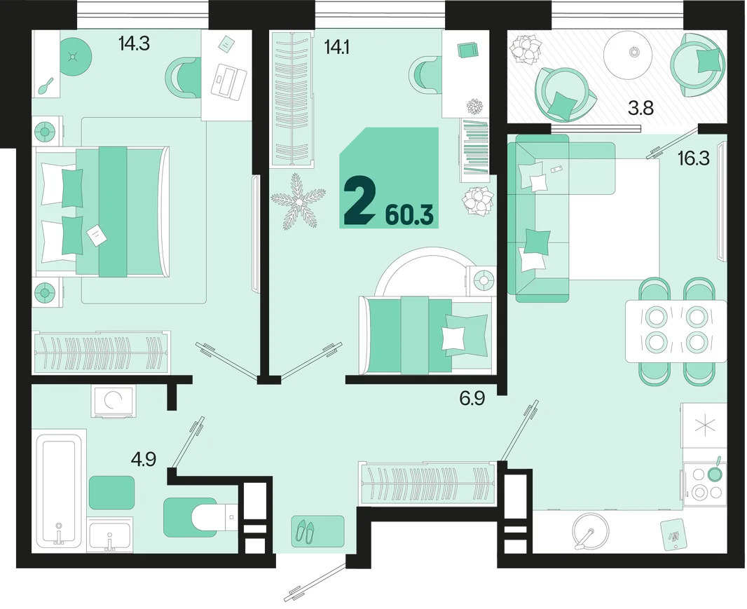 Планировка 2-комн. квартира, 60.3 м² ЖК «Первое место»