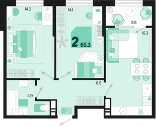 Планировка 2-комн. квартира, 60.3 м² ЖК «Первое место»
