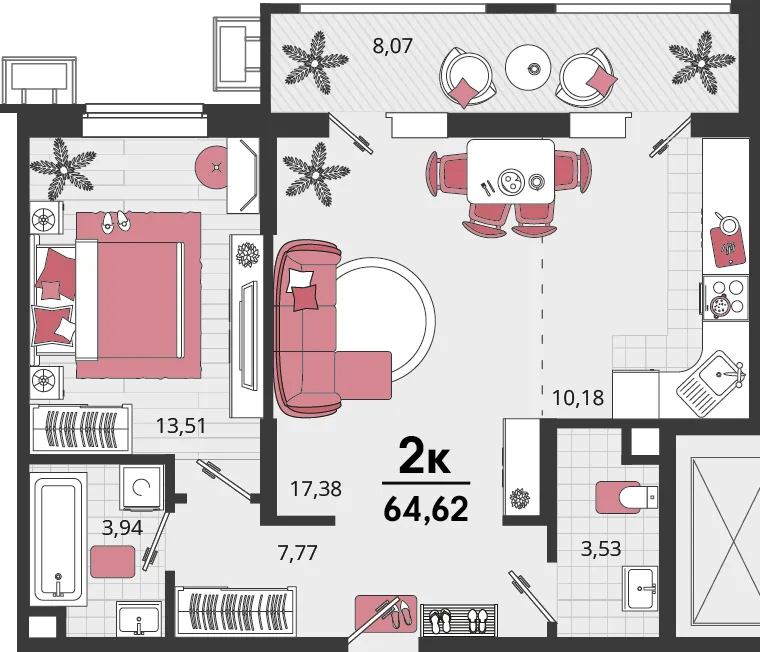 Планировка 2-комн. квартира, 64.62 м² ЖК «Родные просторы»