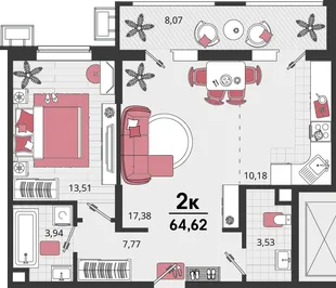 Планировка 2-комн. квартира, 64.62 м² ЖК «Родные просторы»