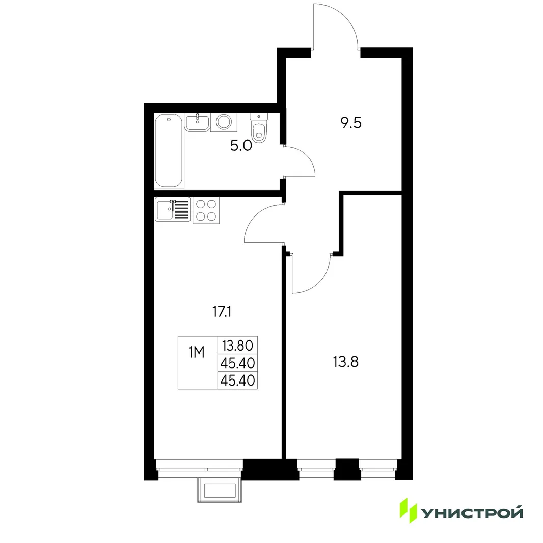 Планировка 1-комн. квартира, 45.4 м² ЖК «Стадиум»