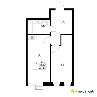 Планировка 1-комн. квартира, 45.4 м² ЖК «Стадиум»