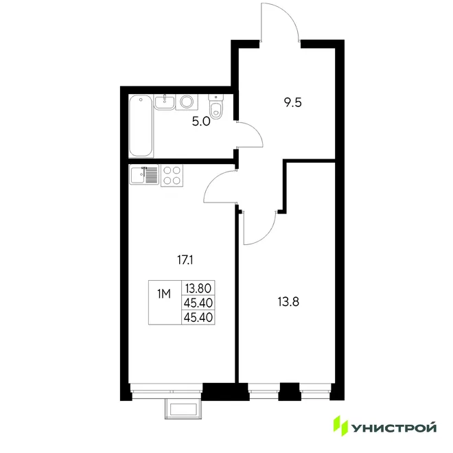 Планировка 1-комн. квартира, 45.4 м² ЖК «Стадиум» Планировка 1-комн. квартира, 45.4 м² ЖК «Стадиум»