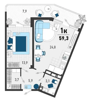 Планировка 1-комн. квартира, 53 м² ЖК «Монако»