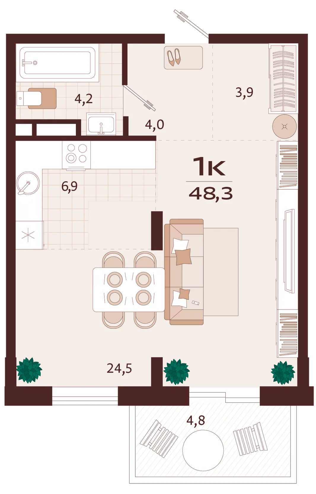 Планировка 1-комн. квартира, 48.3 м² ЖК «Роялта»