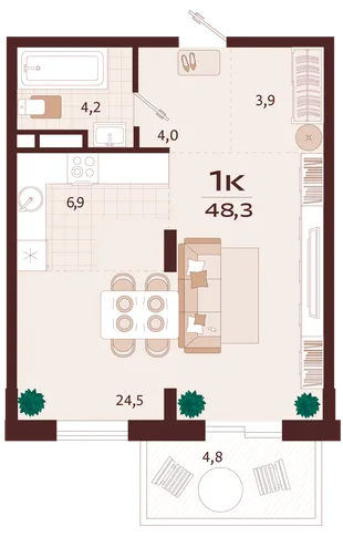 Планировка 1-комн. квартира, 48.3 м² ЖК «Роялта»