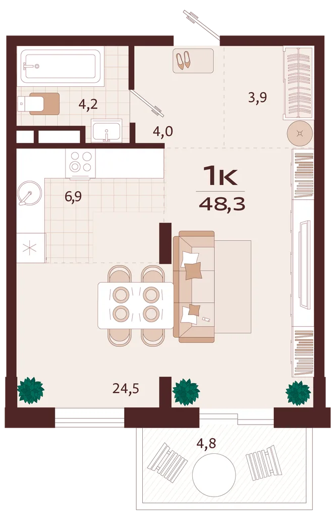 Планировка 1-комн. квартира, 48.3 м² ЖК «Роялта»