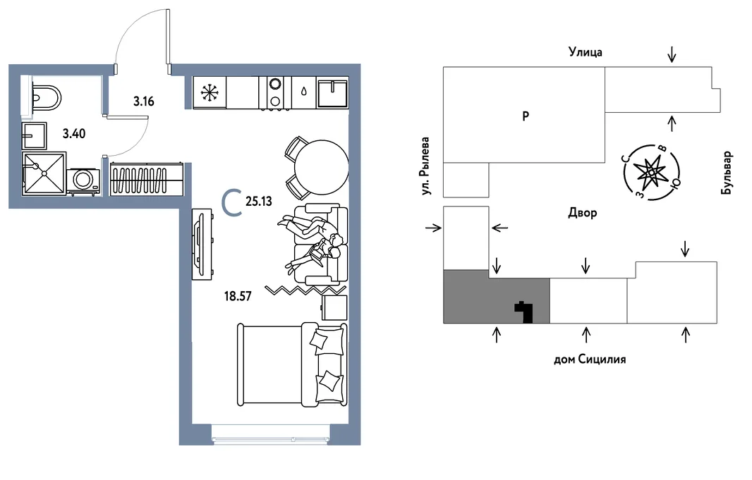 Планировка Студия, 25.13 м² ЖК «Остров-сад»