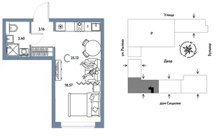 Планировка Студия, 25.13 м² ЖК «Остров-сад»