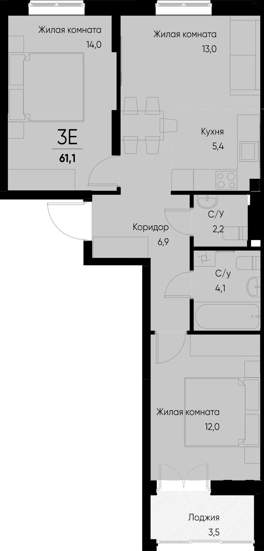 Планировка 3-комн. квартира, 61.1 м² ЖК «Васильевский остров»