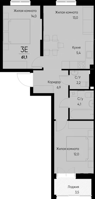 Планировка 3-комн. квартира, 61.1 м² ЖК «Васильевский остров»