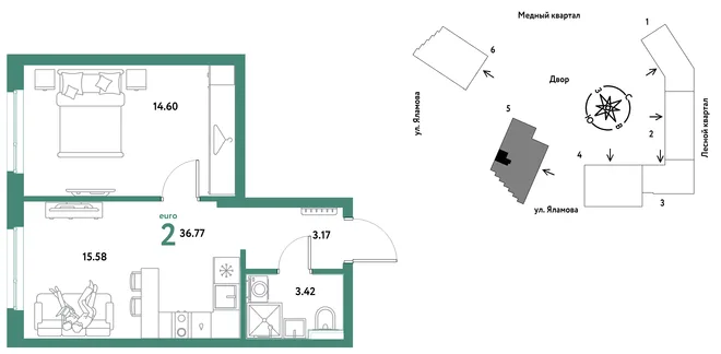 Планировка 2-комн. квартира, 36.77 м² ЖК «Сибирский сад» Планировка 2-комн. квартира, 36.77 м² ЖК «Сибирский сад»