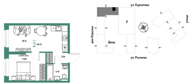 Планировка 2-комн. квартира, 36.74 м² ЖК «Остров-сад» Планировка 2-комн. квартира, 36.74 м² ЖК «Остров-сад»