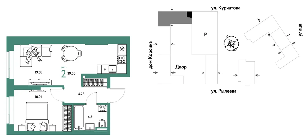 Планировка 2-комн. квартира, 39 м² ЖК «Остров-сад»