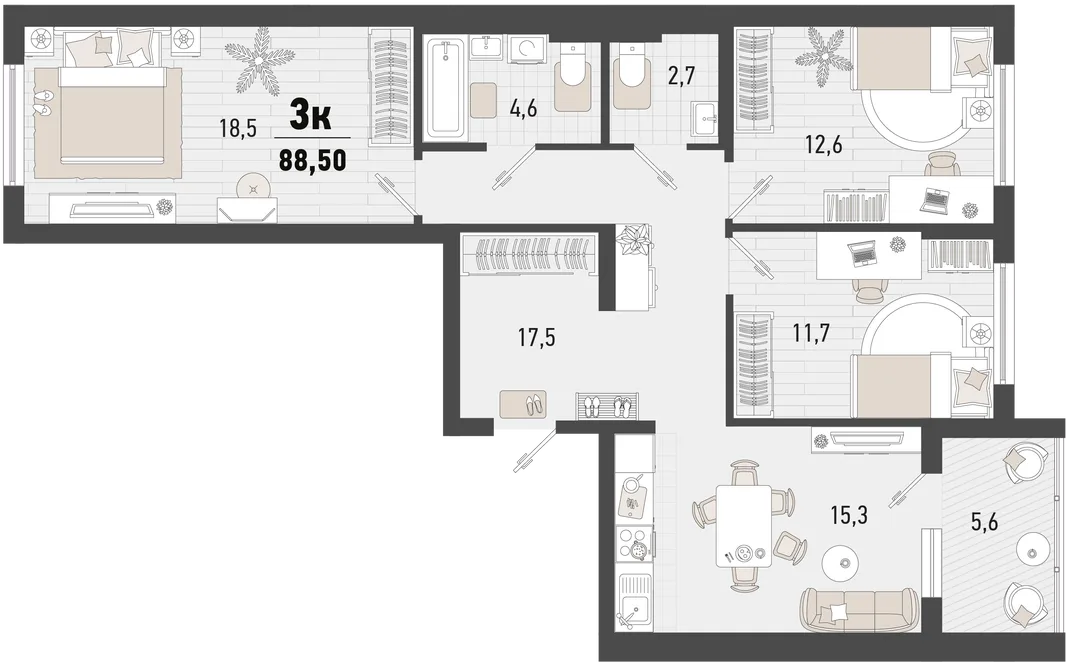 Планировка 3-комн. квартира, 88.5 м² ЖК «Барса»